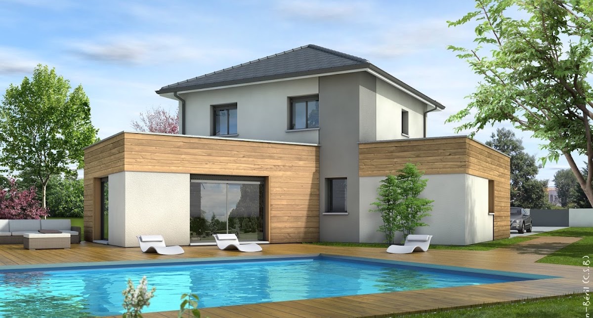 Rendu 3D d'une maison contemporaine à bardage bois avec piscine