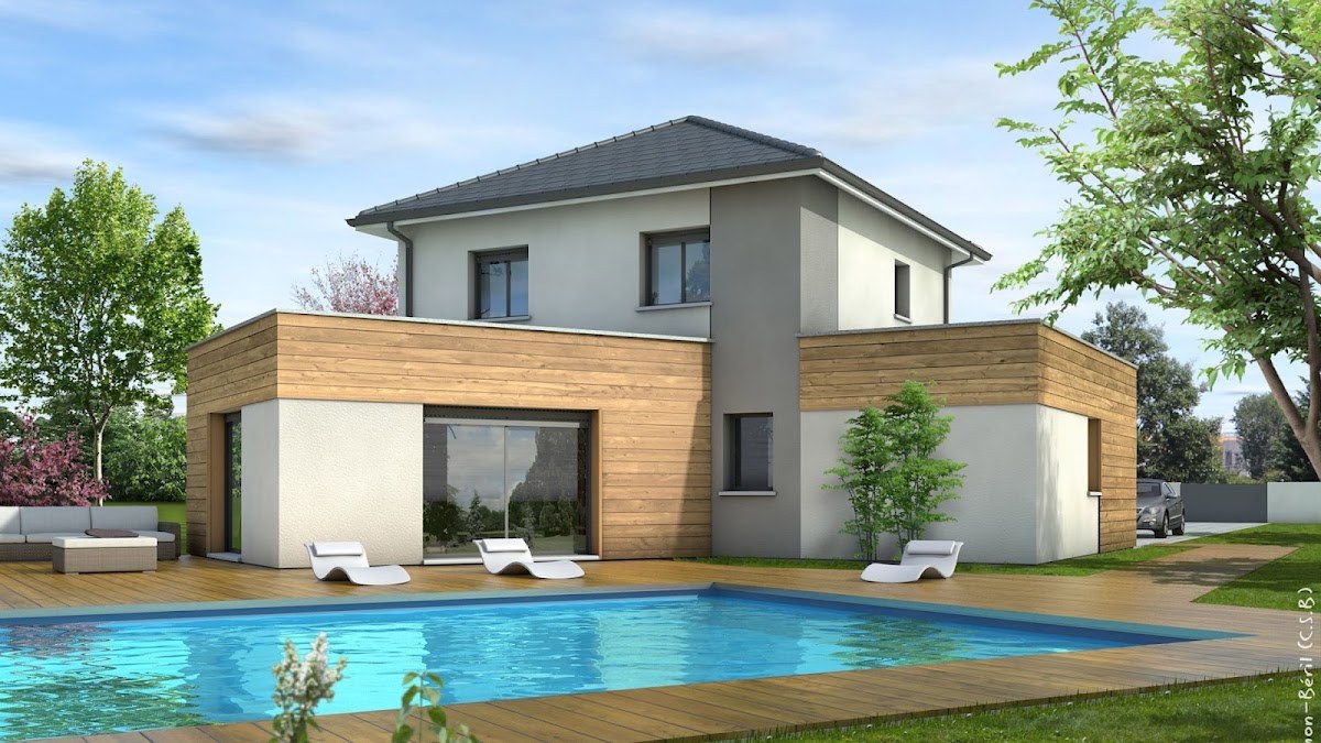 Rendu 3D d'une maison contemporaine à toit plat, bardage bois et piscine